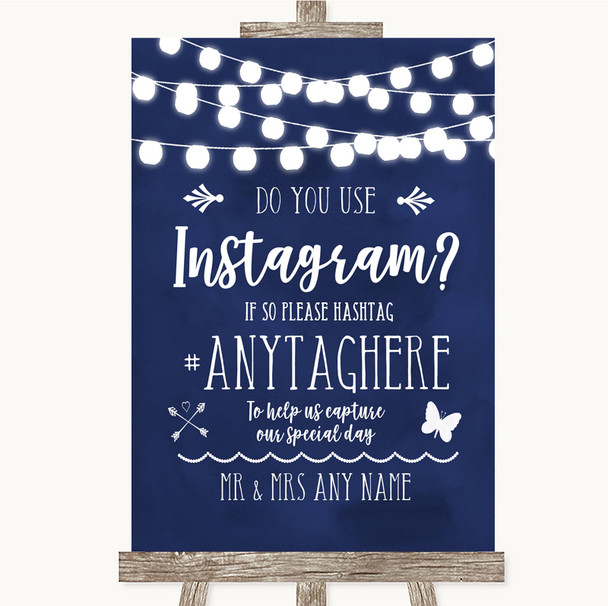 Navy Blue Watercolour Lights Instagram Photo Sharing Personalized Wedding Sign