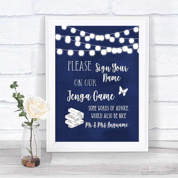 Navy Blue Watercolour Lights Jenga Guest Book Personalized Wedding Sign