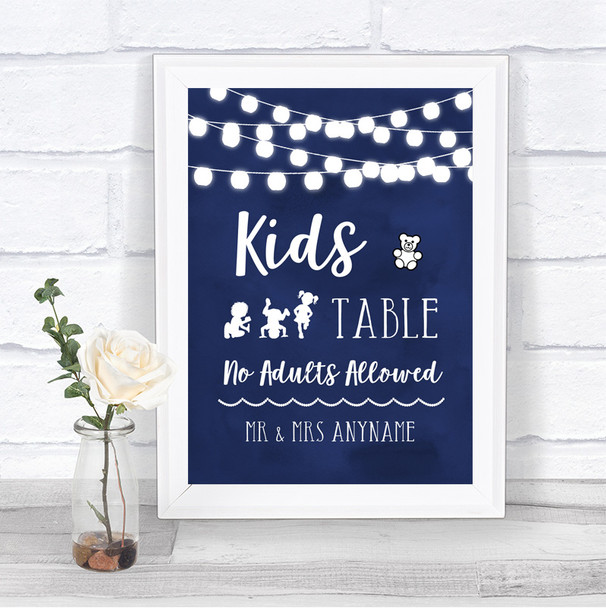 Navy Blue Watercolour Lights Kids Table Personalized Wedding Sign