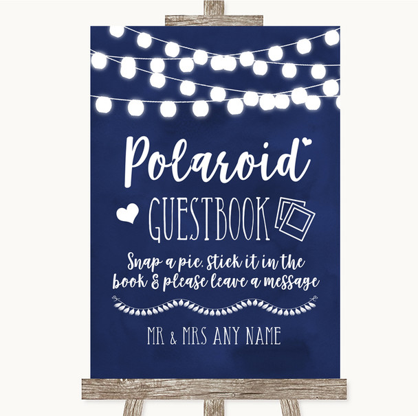 Navy Blue Watercolour Lights Polaroid Guestbook Personalized Wedding Sign