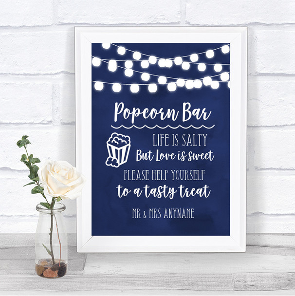 Navy Blue Watercolour Lights Popcorn Bar Personalized Wedding Sign