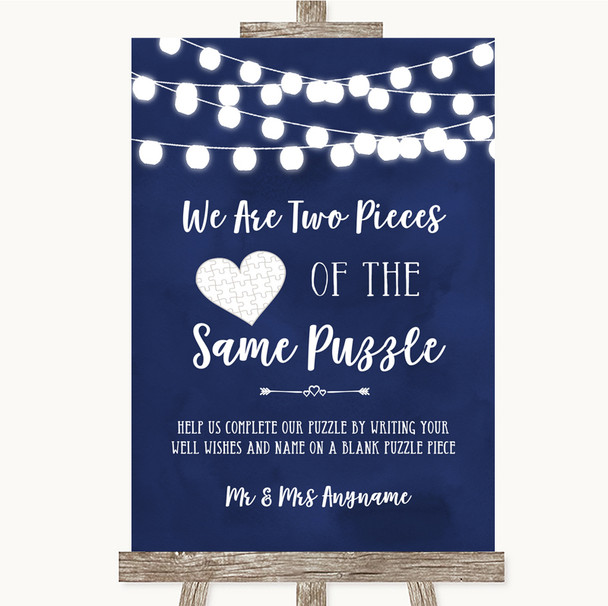 Navy Blue Watercolour Lights Puzzle Piece Guest Book Personalized Wedding Sign