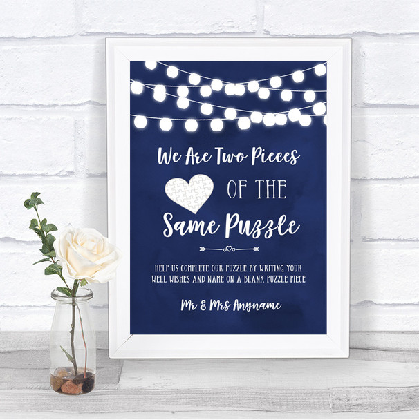 Navy Blue Watercolour Lights Puzzle Piece Guest Book Personalized Wedding Sign