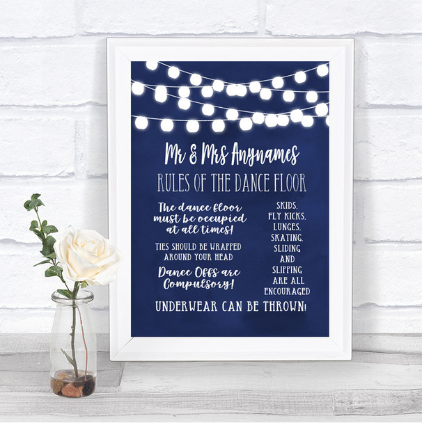 Navy Blue Watercolour Lights Rules Of The Dance Floor Personalized Wedding Sign