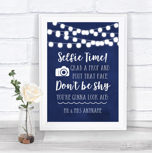 Navy Blue Watercolour Lights Selfie Photo Prop Personalized Wedding Sign