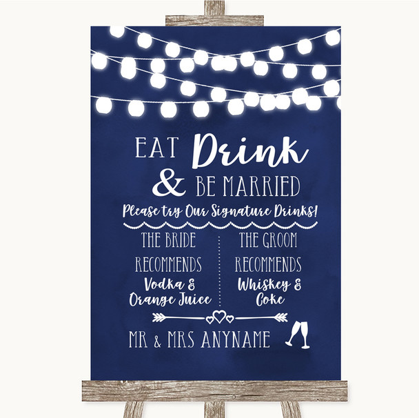 Navy Blue Watercolour Lights Signature Favourite Drinks Wedding Sign