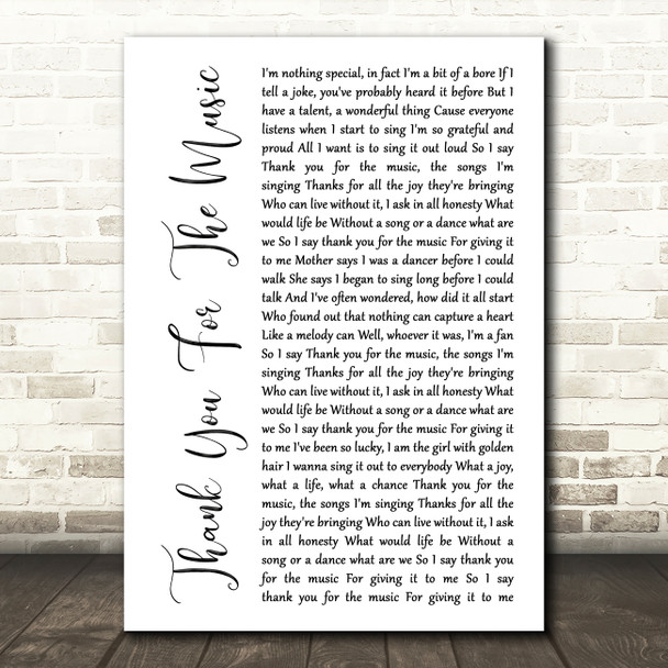 ABBA Thank You For The Music White Script Song Lyric Music Art Print