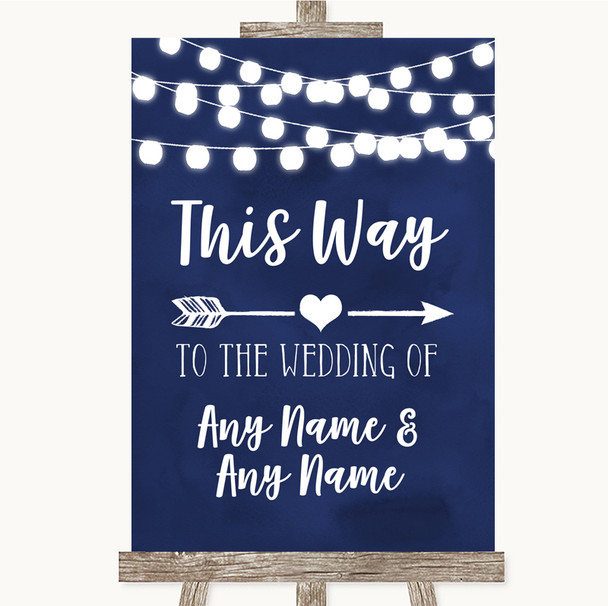 Navy Blue Watercolour Lights This Way Arrow Right Personalized Wedding Sign