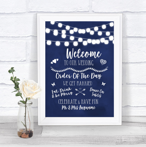 Navy Blue Watercolour Lights Welcome Order Of The Day Personalized Wedding Sign