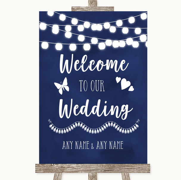 Navy Blue Watercolour Lights Welcome To Our Wedding Personalized Wedding Sign