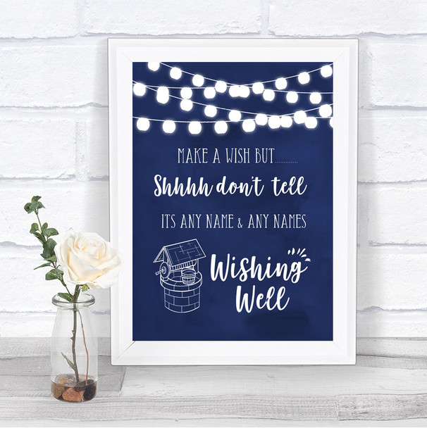 Navy Blue Watercolour Lights Wishing Well Message Personalized Wedding Sign