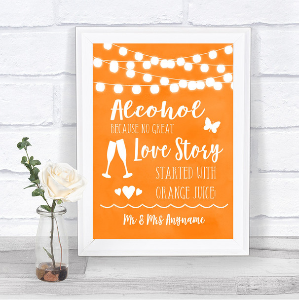 Orange Watercolour Lights Alcohol Bar Love Story Personalized Wedding Sign