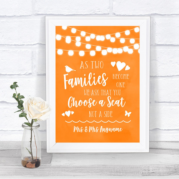 Orange Watercolour Lights As Families Become One Seating Plan Wedding Sign