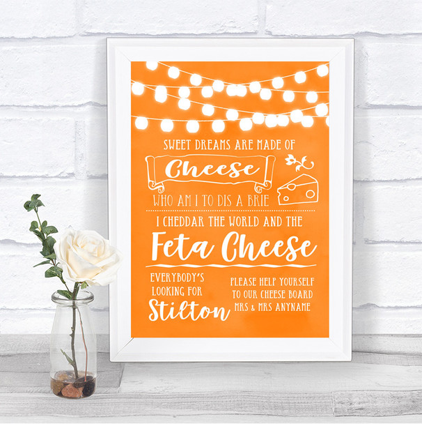 Orange Watercolour Lights Cheeseboard Cheese Song Personalized Wedding Sign