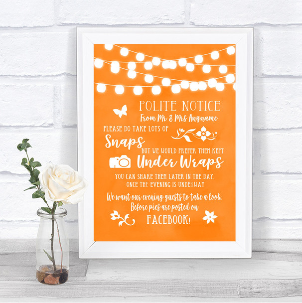 Orange Watercolour Lights Don't Post Photos Facebook Personalized Wedding Sign