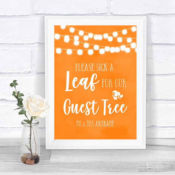 Orange Watercolour Lights Guest Tree Leaf Personalized Wedding Sign