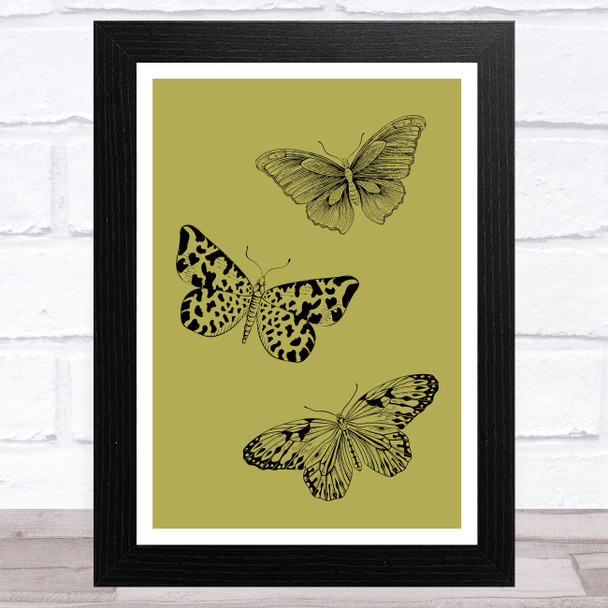 Black Butterflies On Green Background Home Wall Art Print