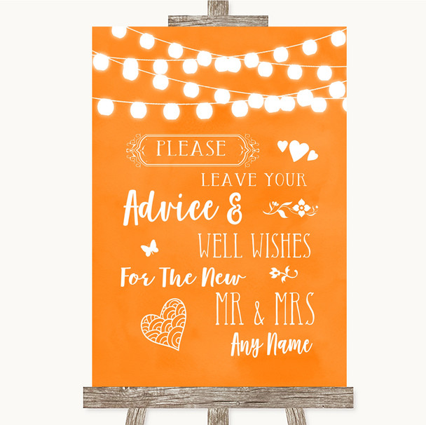 Orange Watercolour Lights Guestbook Advice & Wishes Mr & Mrs Wedding Sign