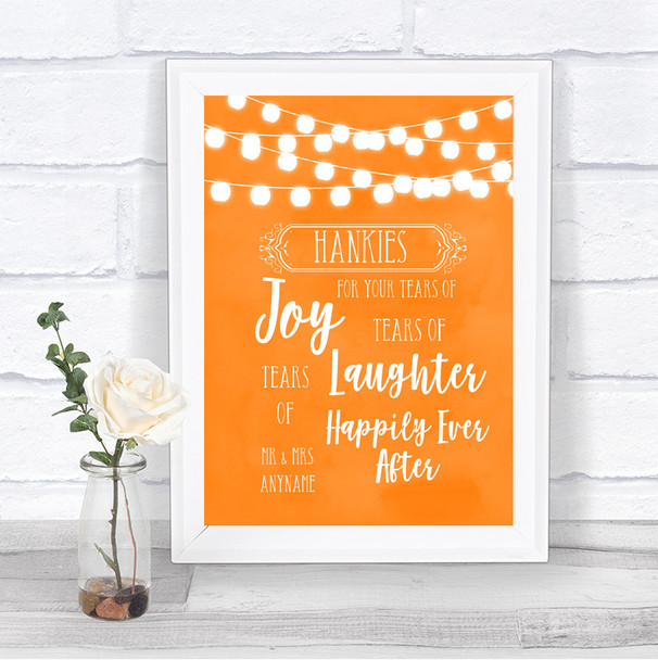 Orange Watercolour Lights Hankies And Tissues Personalized Wedding Sign