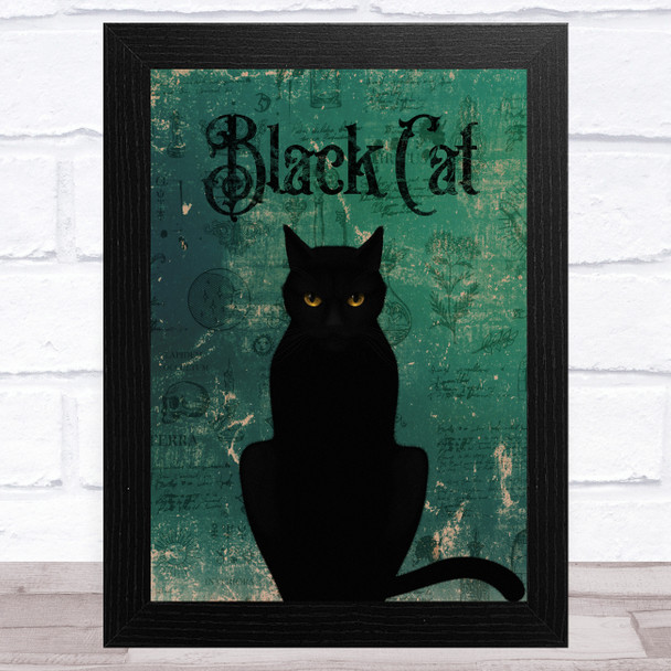 Black Cat On Green Background Home Wall Art Print