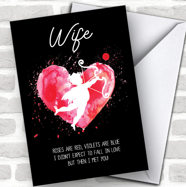 Wife Cherub & Watercolor Heart Roses Are Red Personalized Valentine's Day Card