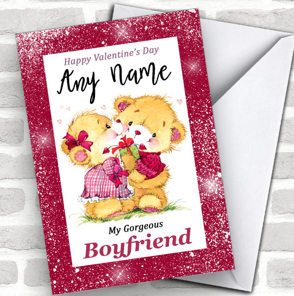 Pink Border Cuddling Bears Boyfriend Personalized Valentine's Day Card