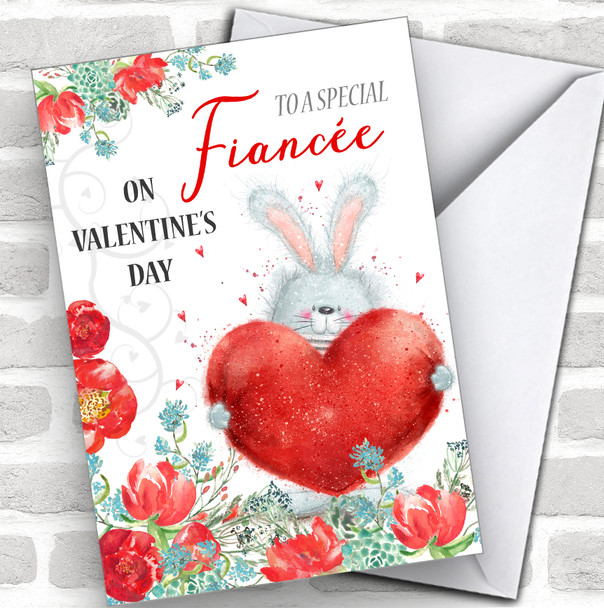 Romantic Cute Rabbit & Heart Fiancée Personalized Valentine's Day Card