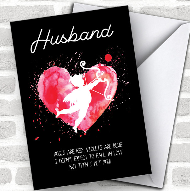 Husband Cherub & Watercolor Heart Roses Are Red Valentine's Day Card