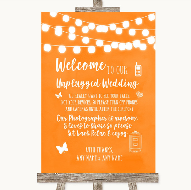 Orange Watercolour Lights No Phone Camera Unplugged Personalized Wedding Sign