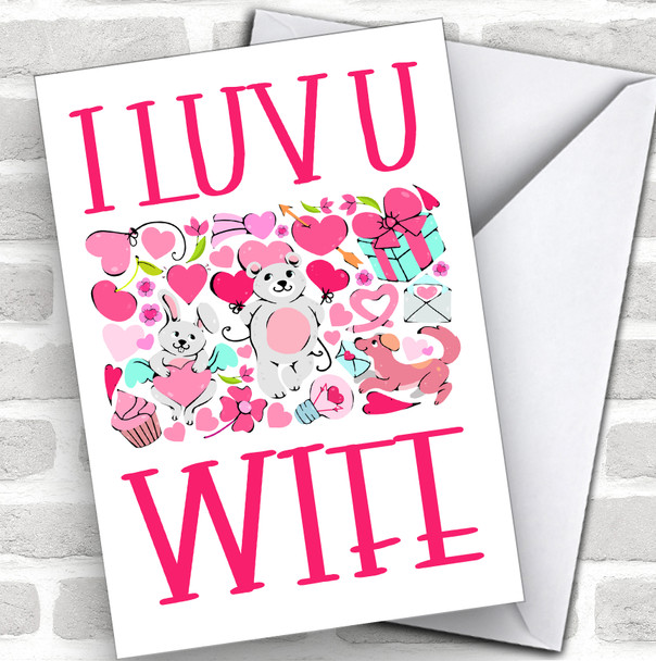 Cutesy Pink Heart & Animals Wife Personalized Valentine's Day Card