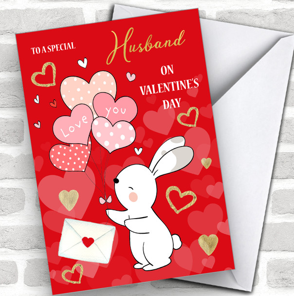 Rabbit Balloons Red Gold Husband Personalized Valentine's Day Card
