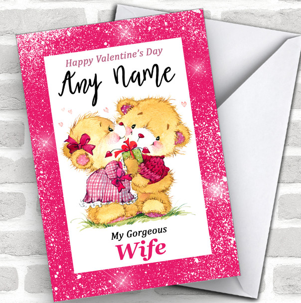 Pink Border Cuddling Bears Wife Personalized Valentine's Day Card