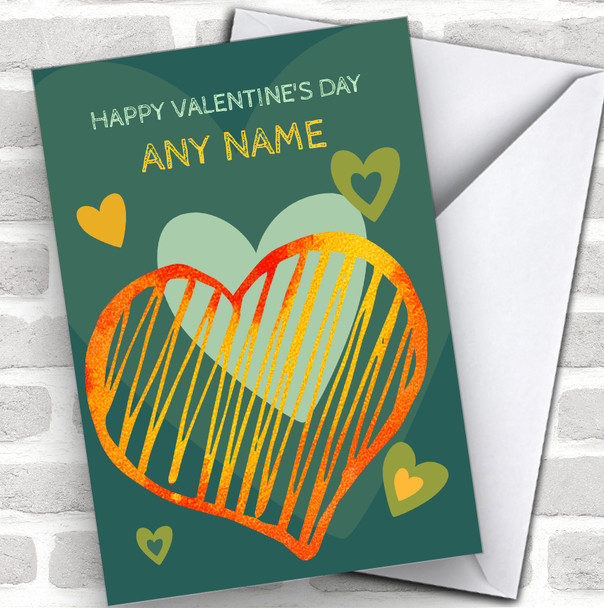 Green & Orange Funky Hearts Personalized Valentine's Day Card