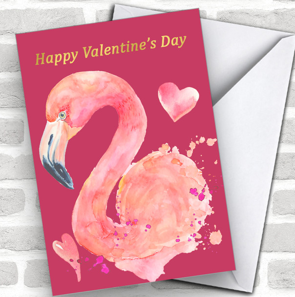 Pink Watercolor Flamingo Personalized Valentine's Day Card