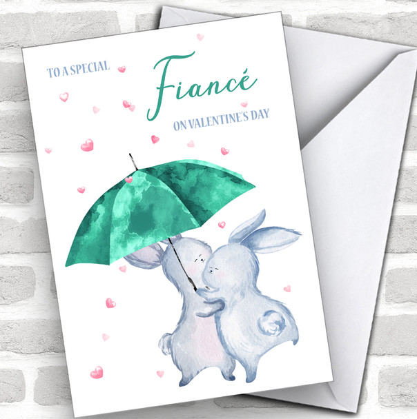 Rabbits & Umbrella Fiancé Personalized Valentine's Day Card