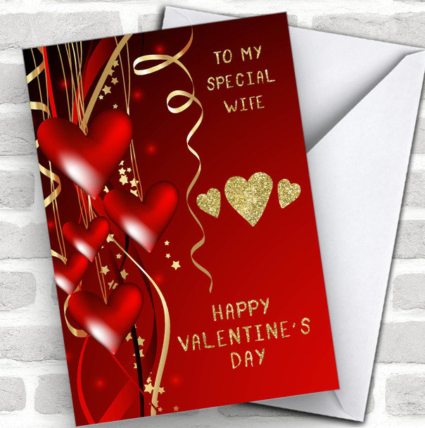 Red Gold Hearts Wife Personalized Valentine's Day Card