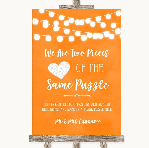 Orange Watercolour Lights Puzzle Piece Guest Book Personalized Wedding Sign