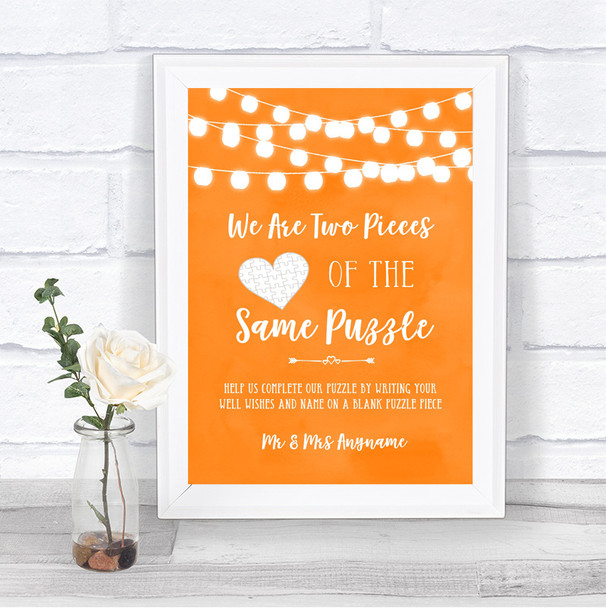 Orange Watercolour Lights Puzzle Piece Guest Book Personalized Wedding Sign