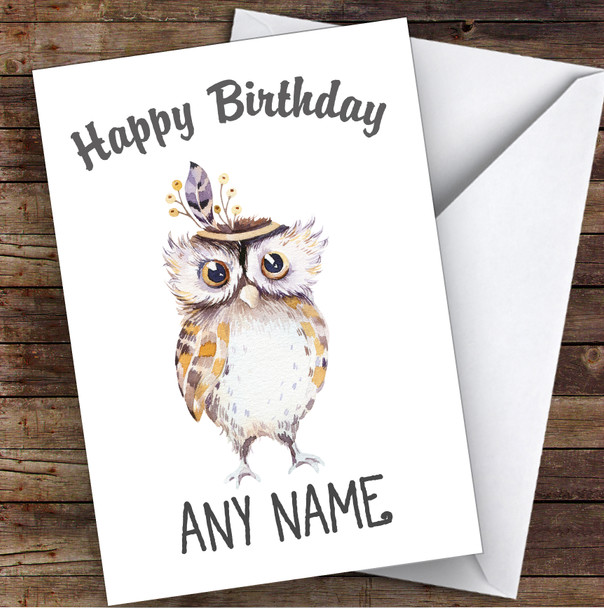 Dainty Watercolor Owl Personalized Birthday Greetings Card