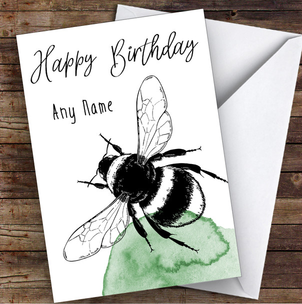Watercolor Green Bee Personalized Birthday Greetings Card