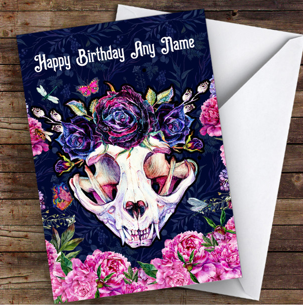 Bright Pink Blue Gothic Cat Skull Floral Personalized Birthday Card