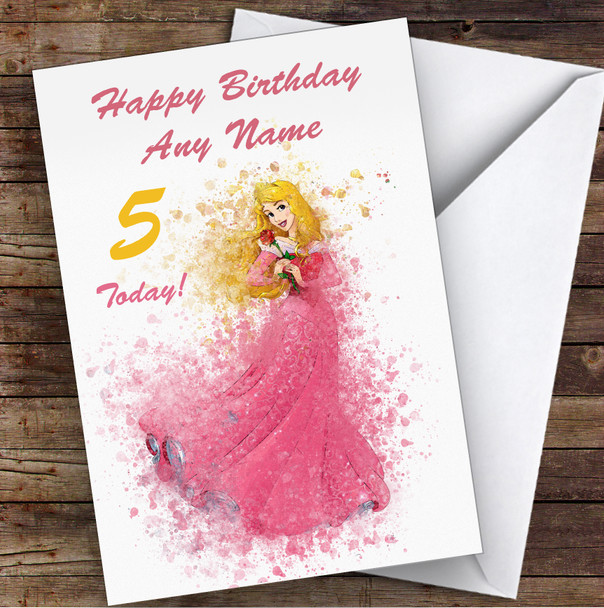 Aurora Princess Watercolor Splatter Children's Kids Personalized Birthday Card