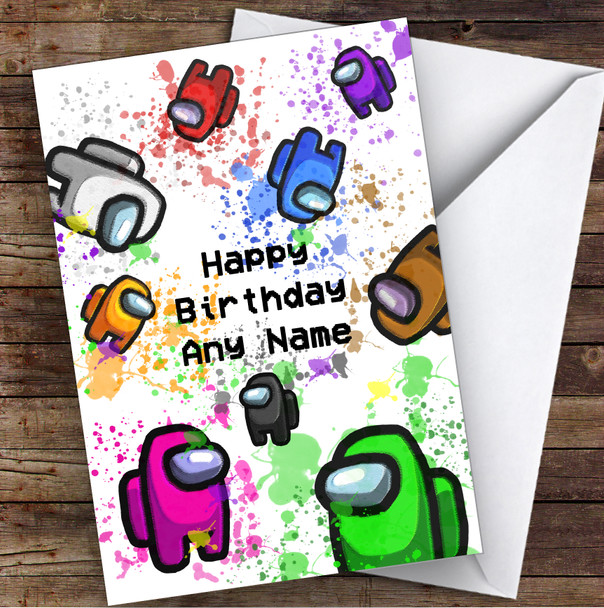 Among Us Characters & Pets In Space Splatter Art Children's Kids Birthday Card