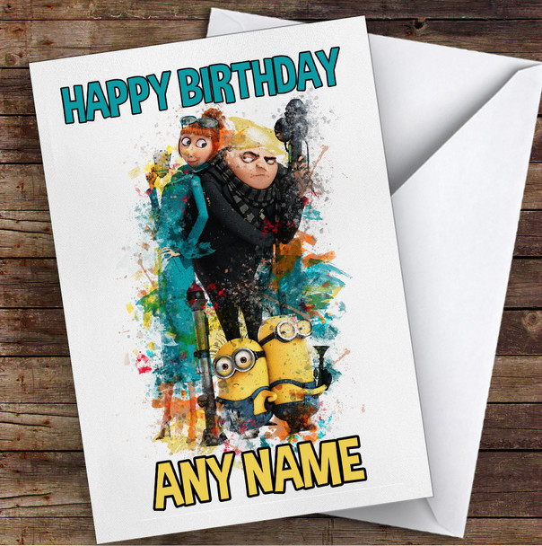 Watercolor Splatter Despicable Me Children's Kids Personalized Birthday Card