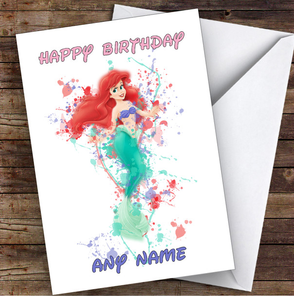 Mermaid Ariel Disney Splatter Art Children's Kids Personalized Birthday Card