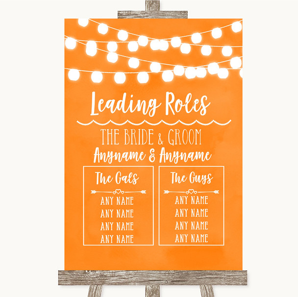 Orange Watercolour Lights Who's Who Leading Roles Personalized Wedding Sign