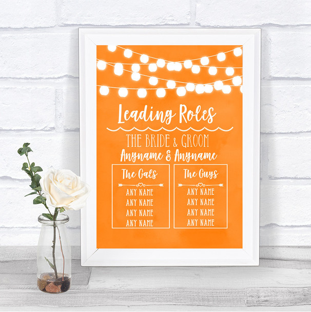 Orange Watercolour Lights Who's Who Leading Roles Personalized Wedding Sign