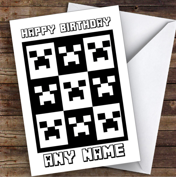Minecraft Black & White Creepers Children's Kids Personalized Birthday Card