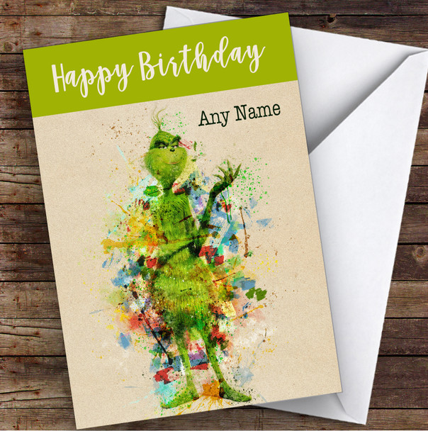 The Grinch Watercolor Splatter Children's Kids Personalized Birthday Card