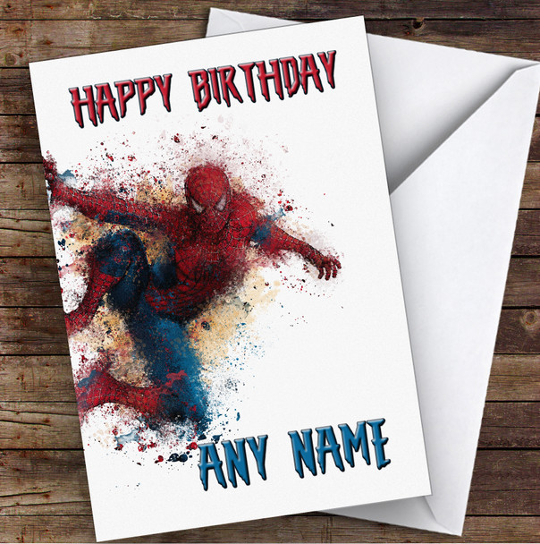 Watercolor Splatter Spider Man Children's Kids Personalized Birthday Card